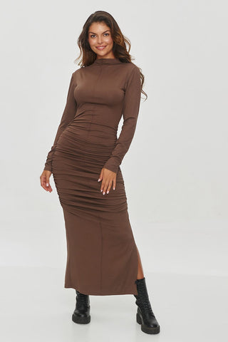 Makadamia Ruched Mock Neck Bodycon Maxi Dress