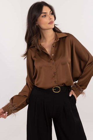 Italy Moda Feathered Cuff Satin Long Sleeve Blouse