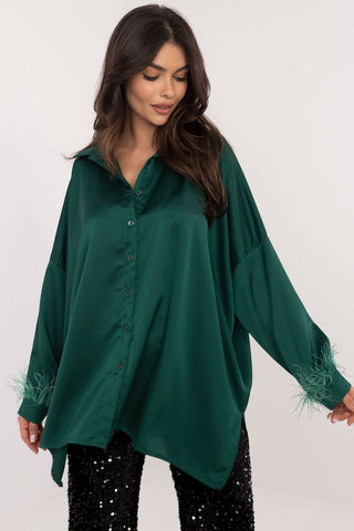 Italy Moda Feathered Cuff Satin Long Sleeve Blouse