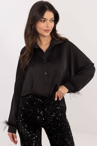 Italy Moda Feathered Cuff Satin Long Sleeve Blouse