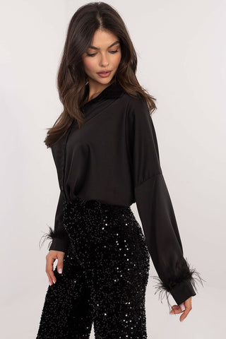 Italy Moda Feathered Cuff Satin Long Sleeve Blouse