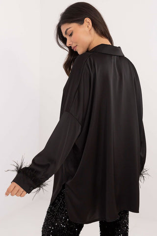 Italy Moda Feathered Cuff Satin Long Sleeve Blouse