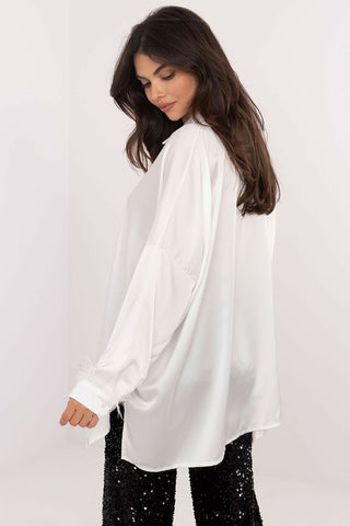 Italy Moda Feathered Cuff Satin Long Sleeve Blouse