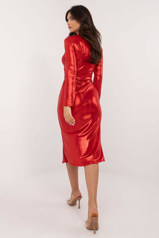 Italy Moda Metallic Muse Keyhole Long Sleeve Midi Dress