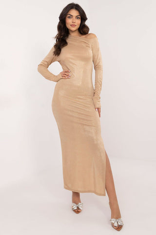 Italy Moda Metallic Muse Asymmetrical Shoulder Long Sleeve Maxi Dress