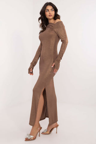 Italy Moda Metallic Muse Asymmetrical Shoulder Long Sleeve Maxi Dress