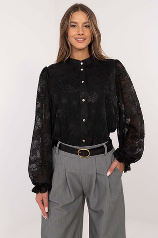 Lakerta Floral Mesh Long Sleeve Shirt In Black