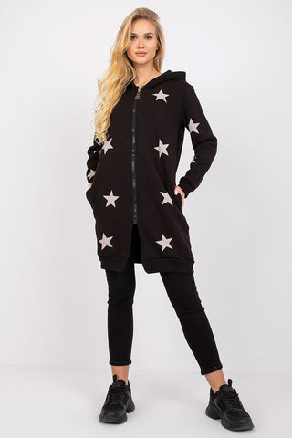 Fancy Stars Above Extra Long Zippered Hoodie In Black - Hot Girl Apparel