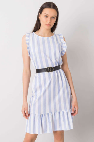 Italy Moda Ruffle Sleeve Striped Linen Mini Dress With Belt - Hot Girl Apparel