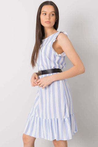 Italy Moda Ruffle Sleeve Striped Linen Mini Dress With Belt - Hot Girl Apparel