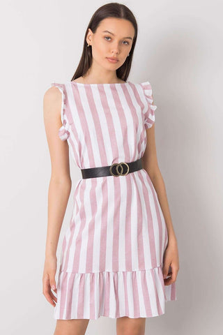 Italy Moda Ruffle Sleeve Striped Linen Mini Dress With Belt - Hot Girl Apparel