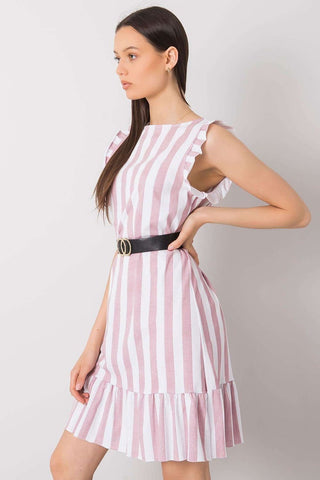 Italy Moda Ruffle Sleeve Striped Linen Mini Dress With Belt - Hot Girl Apparel