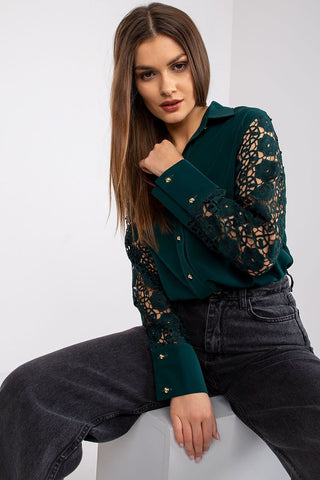 Lakerta Open Stitch Long Sleeve Blouse In Green - Hot Girl Apparel