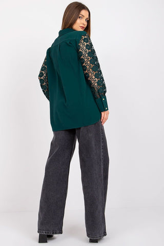 Lakerta Open Stitch Long Sleeve Blouse In Green - Hot Girl Apparel