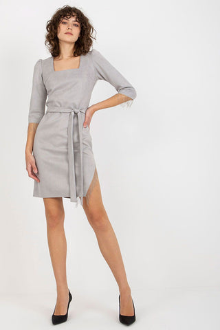 Lakerta Rhinestone Fringe Square Neck Side Slit Mini Dress In Grey - Hot Girl Apparel