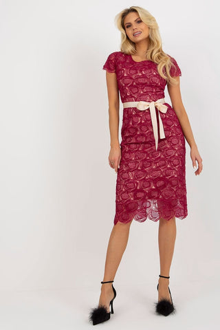 Lakerta Short Sleeve Lace Belted Sash Pencil Dress - Hot Girl Apparel