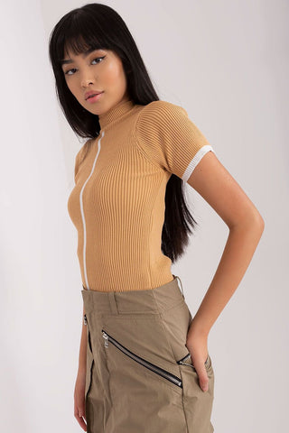 Badu Ribbed Contrast Detail Mock Neck Short Sleeve Top - Hot Girl Apparel