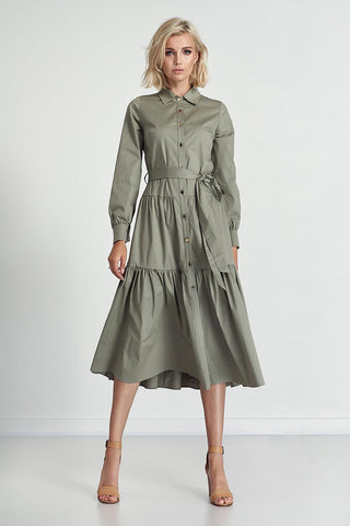 Marselini Button Down Ruffled Tiered Midi Dress In Sage