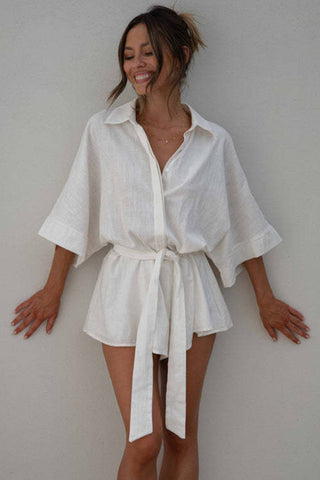 Hot Girl Tied Button Up Collared Neck Cotton Romper