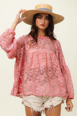 Hot Girl Floral Lace Boho Top In Mauve Long Sleeve Top