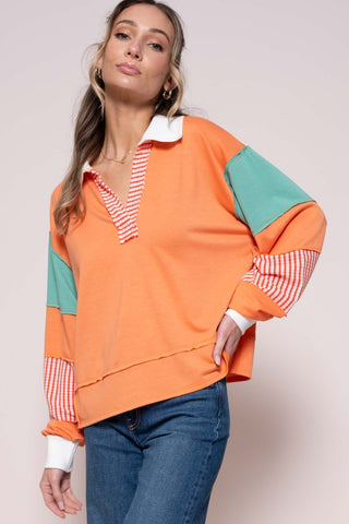 Hot Girl Hailey & Co Color Block Long Sleeve Top with Striped Panel In Orange - Hot Girl Apparel