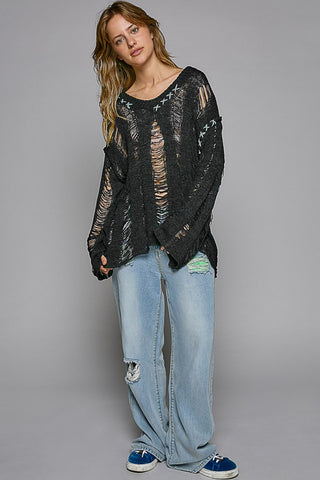 Hot Girl Stitchwork Distressed Long Sleeve Knit Boho Top In Black