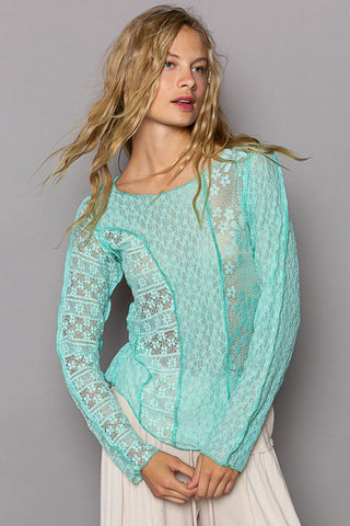 Hot Girl Exposed Seam Long Sleeve Lace Knit Top In Mint - Hot Girl Apparel