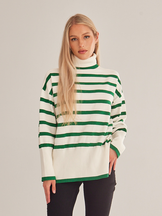 Hot Girl Striped Turtleneck Side Slit Sweater