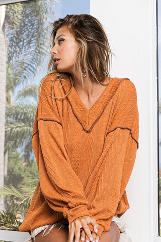 Hot Girl Textured Exposed Seam Drop Shoulder Knit In Rust Long Sleeve Top