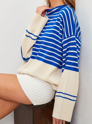 Hot Girl Cardona Contrast Striped Mock Neck Bell Sleeve Sweater