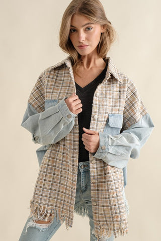 Hot Girl Tweed Mixed Denim Raw Hem Shacket