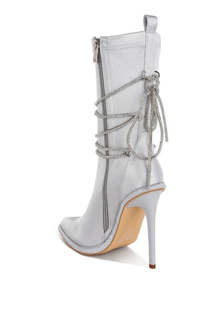 Hot Girl X London Rag Dacia Rhinestone Strap Satin Calf Boots