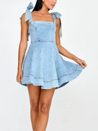 Hot Girl Square Neck Tie Shoulder Denim Mini Dress