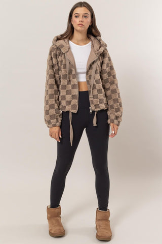 Hot Girl HYFVE Checkered Sherpa Hooded Shacket In Mocha