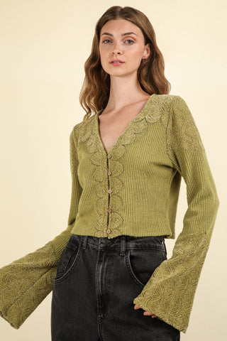 Hot Girl V-Neck Lace Detail Button Down Crop Ribbed Knit Long Sleeve Top In Olive