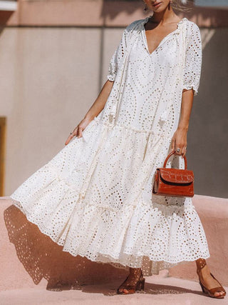 Hot Girl Summer Eyelet  Half Sleeve Tiered Cotton Maxi Dress