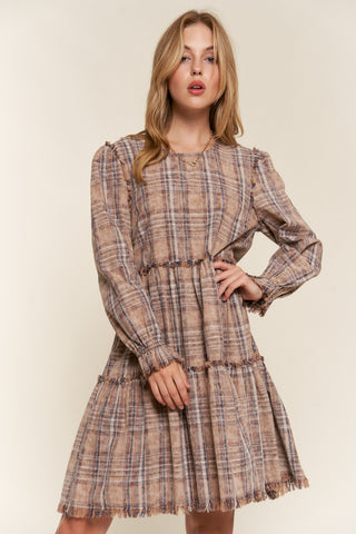 Hot Girl And The Why Vintage Plaid Tiered Cotton Long Sleeve Mini Dress