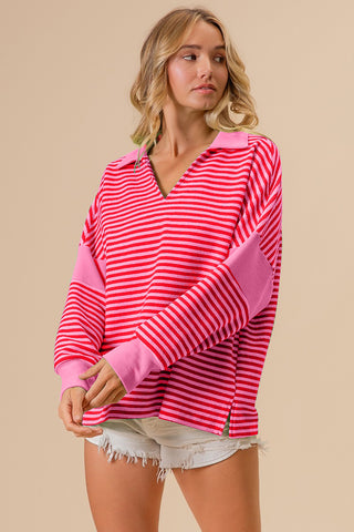 Hot Girl Striped Contrast Knit In Hot Pink Long Sleeve Top