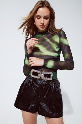 Hot Girl Dare To Mesh Tie-Dye Long Sleeve Top in Green and Black