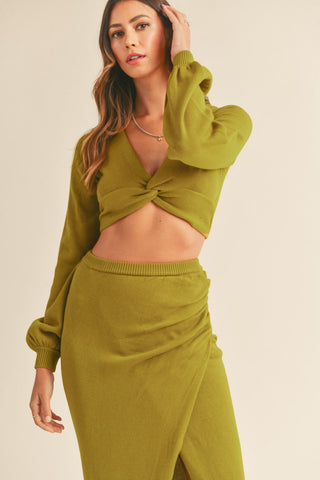 Hot Girl MABLE Front Twisted Knit Top and Midi Skirt Set In Avocado Green