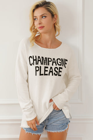 Hot Girl CHAMPAGNE PLEASE Long Sleeve Slit Sweater In White