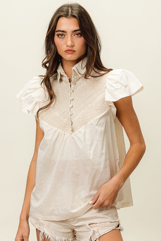 Hot Girl Buttoned Collared Neck Short Sleeve Linen Blouse In Ivory - Hot Girl Apparel