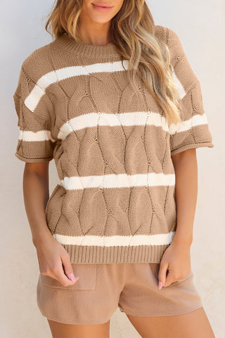 Hot Girl Striped Cable-Knit Cotton Blend Short Sleeve Sweater In Tan