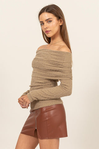 Hot Girl HYFVE Fuzzy Off Shoulder Textured Knit Long Sleeve Top In Latte