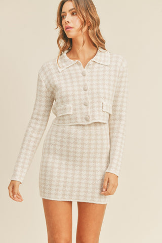 Hot Girl MABLE Houndstooth Cropped Knit Cardigan and Mini Skirt Set In Beige