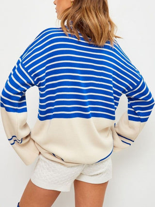 Hot Girl Cardona Contrast Striped Mock Neck Bell Sleeve Sweater