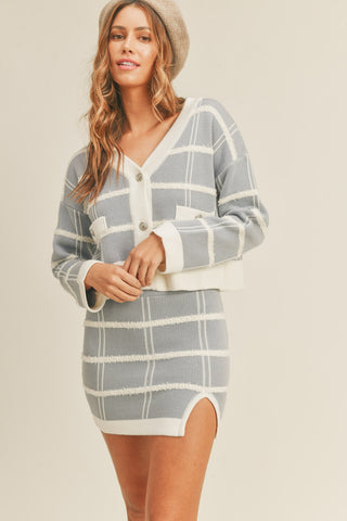 Hot Girl MABLE Plaid Button Down Cardigan and Mini Skirt Set In Dusty Blue