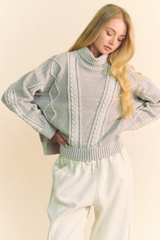 Hot Girl X Davi & Dani Cable-Knit Turtleneck Sweater In Grey