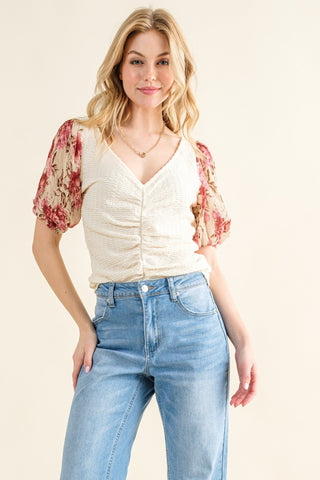 Hot Girl And The Why Vintage Floral  Textured Sleeve Knit Short Sleeve Top