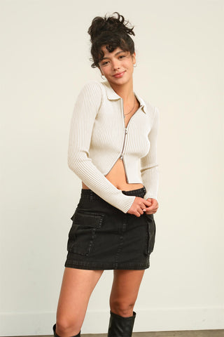 Hot Girl Double Zero Ribbed Double Zip Cropped Cardigan In Cream